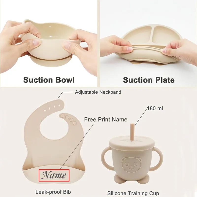 Juego de alimentación de bebé con nombre personalizado, plato de silicona para niños, tazón, taza de paja, vajilla personalizada para niños, suministros para bebés, regalo para recién nacidos