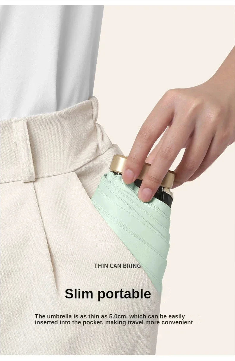 Mini sombrilla de bolsillo para la lluvia, paraguas de vinilo plegable con prote