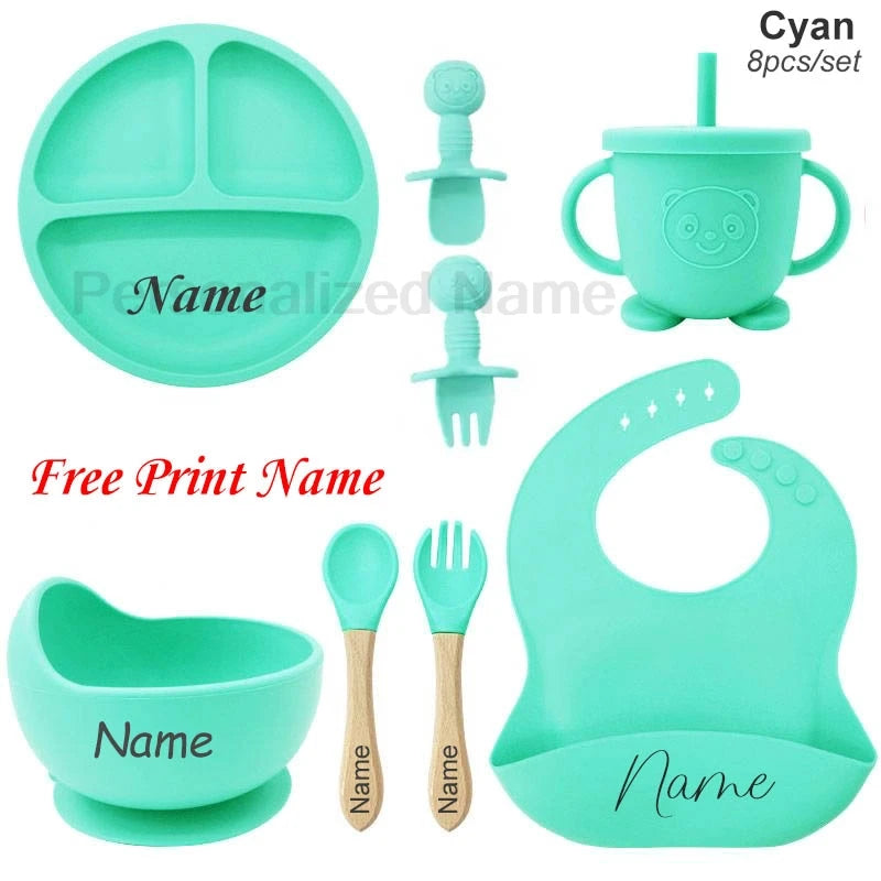 Juego de alimentación de bebé con nombre personalizado, plato de silicona para niños, tazón, taza de paja, vajilla personalizada para niños, suministros para bebés, regalo para recién nacidos