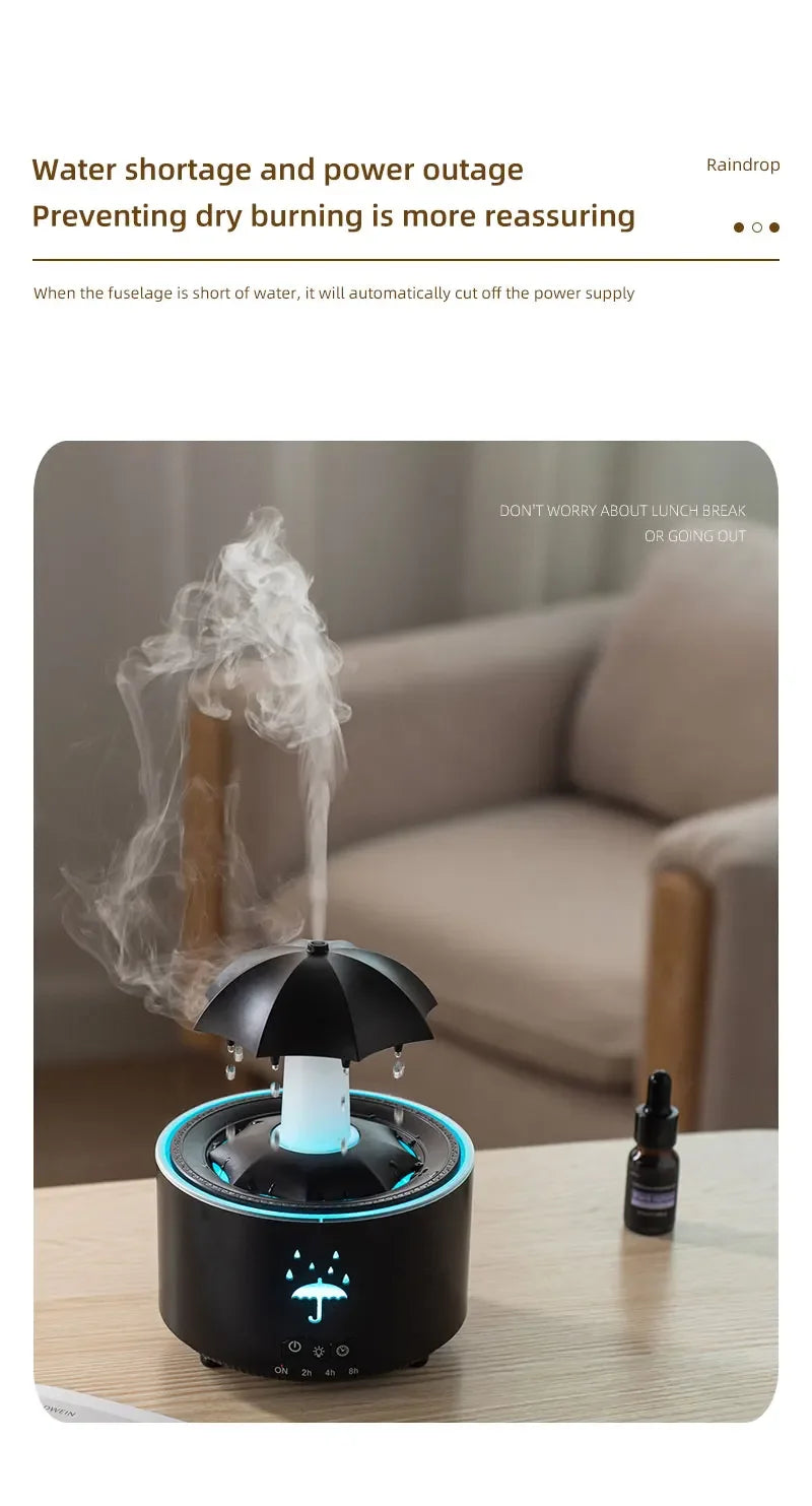 Humidificador de aire con forma de paraguas y gotas de agua, creativo, con luz de colores, difusor de aceites esenciales aromáticos y aromaterapia