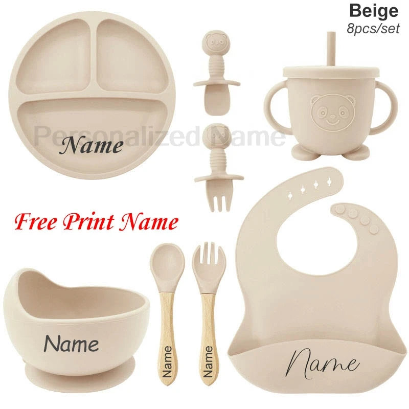 Juego de alimentación de bebé con nombre personalizado, plato de silicona para niños, tazón, taza de paja, vajilla personalizada para niños, suministros para bebés, regalo para recién nacidos