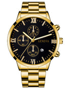 4pcs gold alloy Roman with calendar men's quartz watch and cross necklace bracelet ring set selected gift