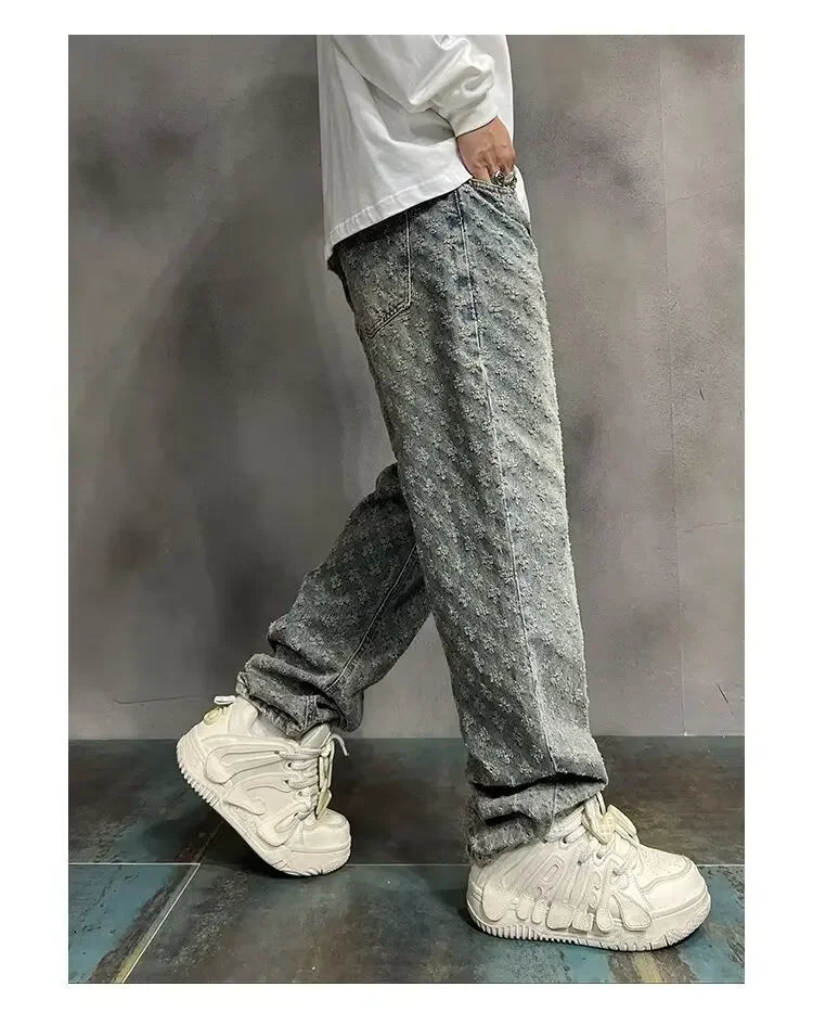 American Style Vintage Men's Jeans Loose Fit Full Printed Design Sensible Niche Straight Leg Pants New Spring Autumn Trendy Bran