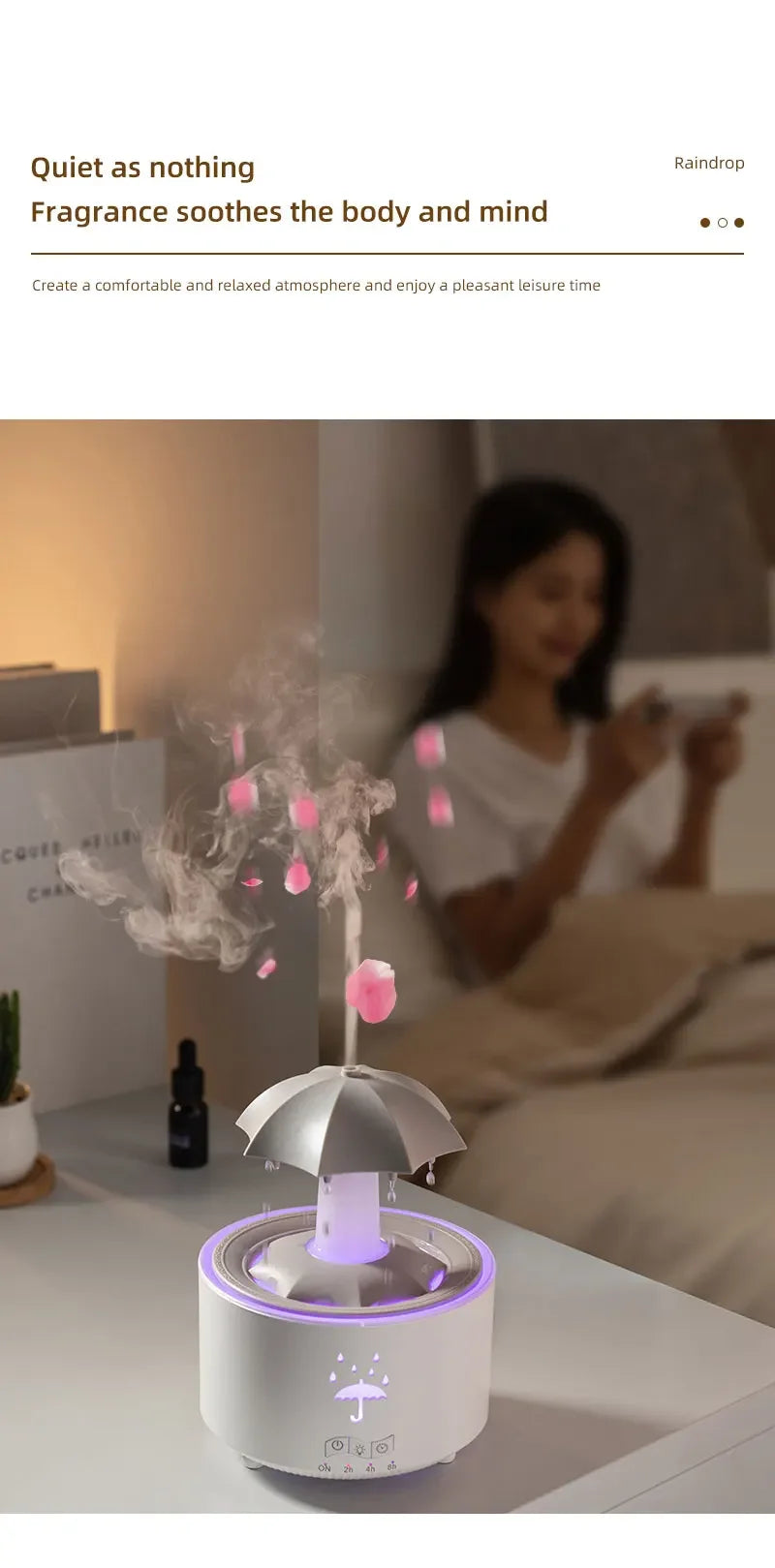 Humidificador de aire con forma de paraguas y gotas de agua, creativo, con luz de colores, difusor de aceites esenciales aromáticos y aromaterapia