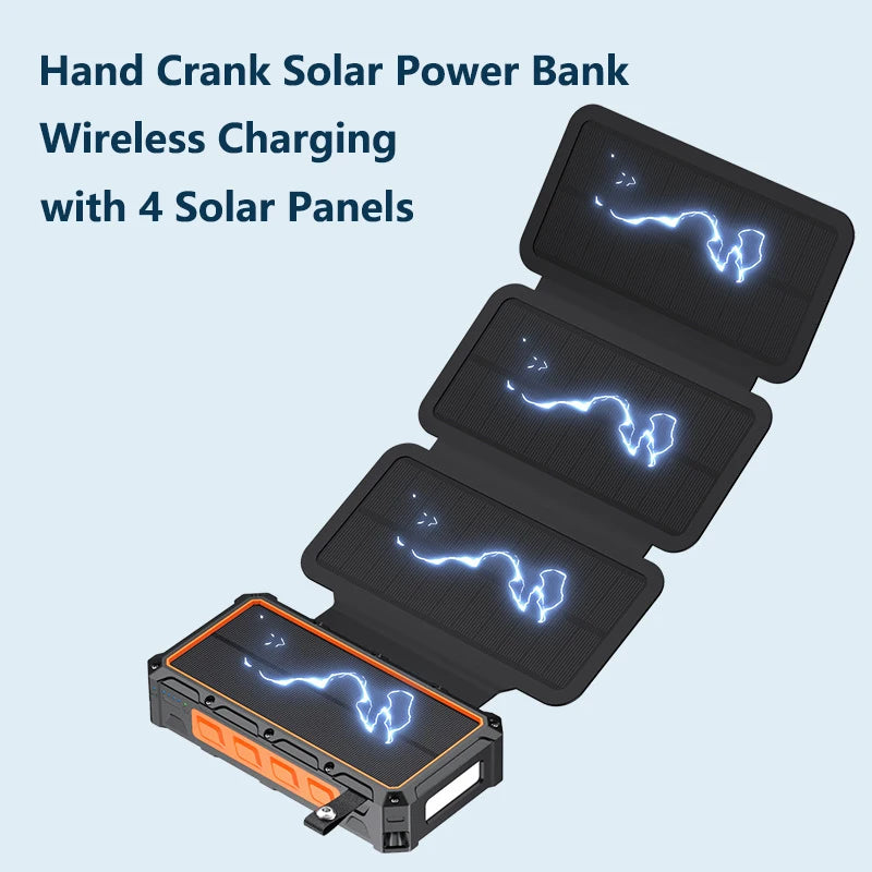 Banco de energía Solar con manivela de mano, 20000mAh, con 4 paneles solares, cargador inalámbrico, Powerbank para iPhone 15, Huawei, Xiaomi, Samsung