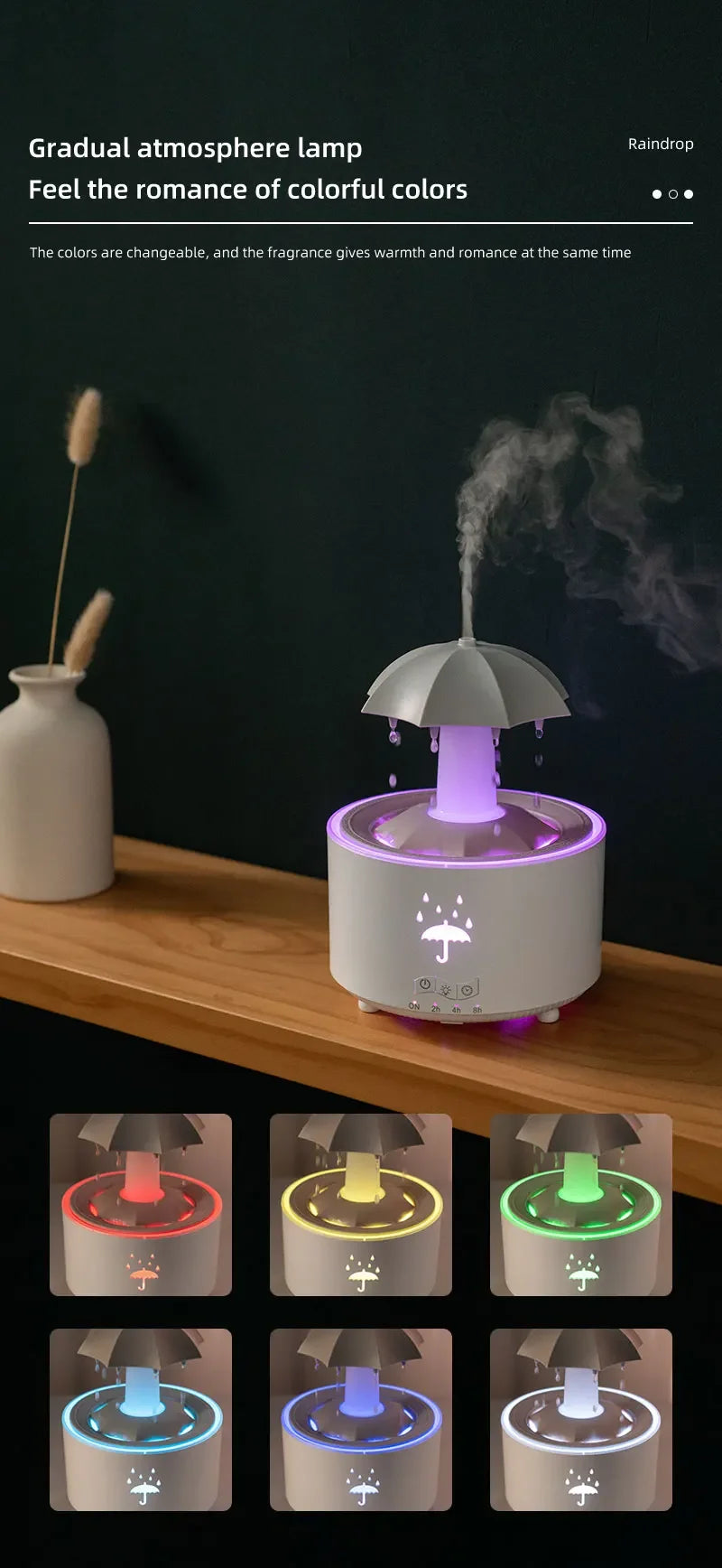 Humidificador de aire con forma de paraguas y gotas de agua, creativo, con luz de colores, difusor de aceites esenciales aromáticos y aromaterapia