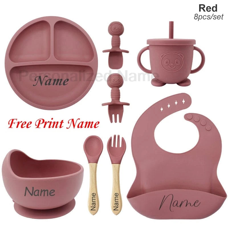Juego de alimentación de bebé con nombre personalizado, plato de silicona para niños, tazón, taza de paja, vajilla personalizada para niños, suministros para bebés, regalo para recién nacidos