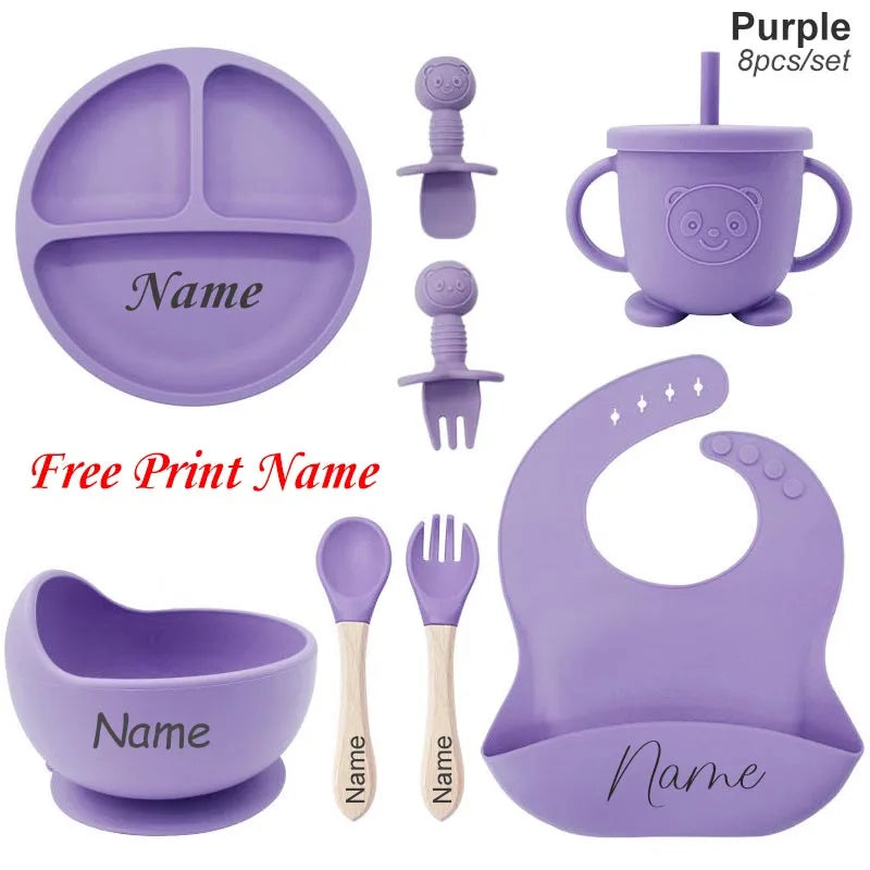 Juego de alimentación de bebé con nombre personalizado, plato de silicona para niños, tazón, taza de paja, vajilla personalizada para niños, suministros para bebés, regalo para recién nacidos