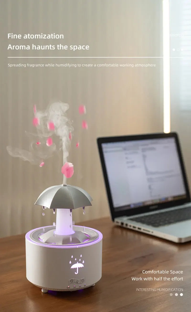 Humidificador de aire con forma de paraguas y gotas de agua, creativo, con luz de colores, difusor de aceites esenciales aromáticos y aromaterapia