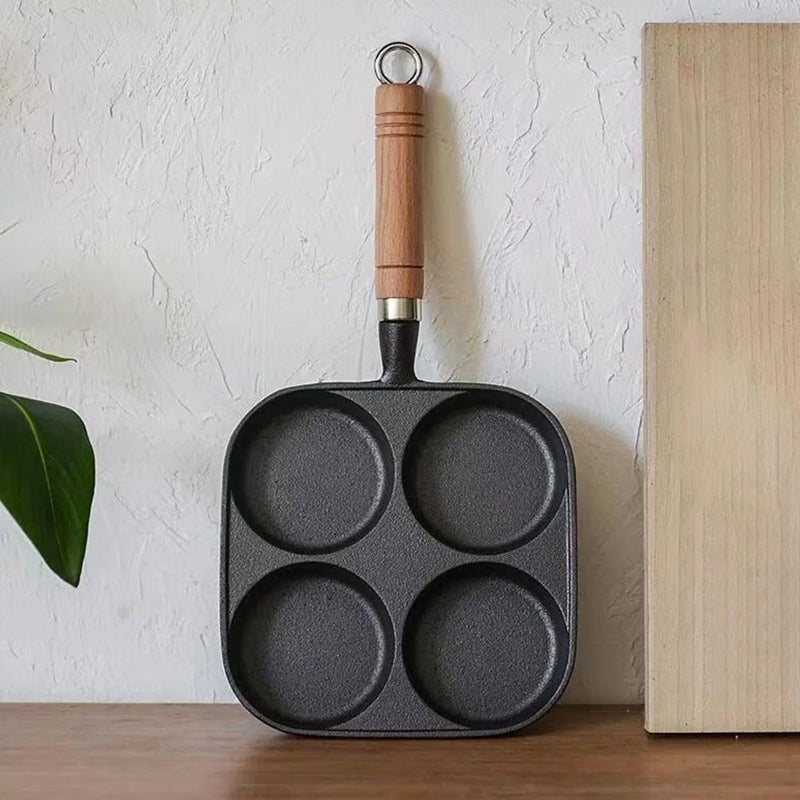 Sartén de 4 agujeros com manga de madeira, antiaderente, para desayuno, hamburguesa, huevo, panqueque, utensílios de cozinha, sartén para panquecas para estufa de Gás, Cocina de Indução