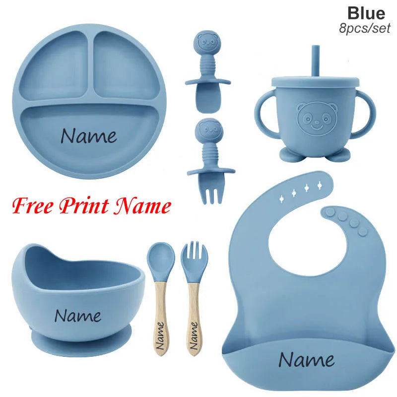 Juego de alimentación de bebé con nombre personalizado, plato de silicona para niños, tazón, taza de paja, vajilla personalizada para niños, suministros para bebés, regalo para recién nacidos