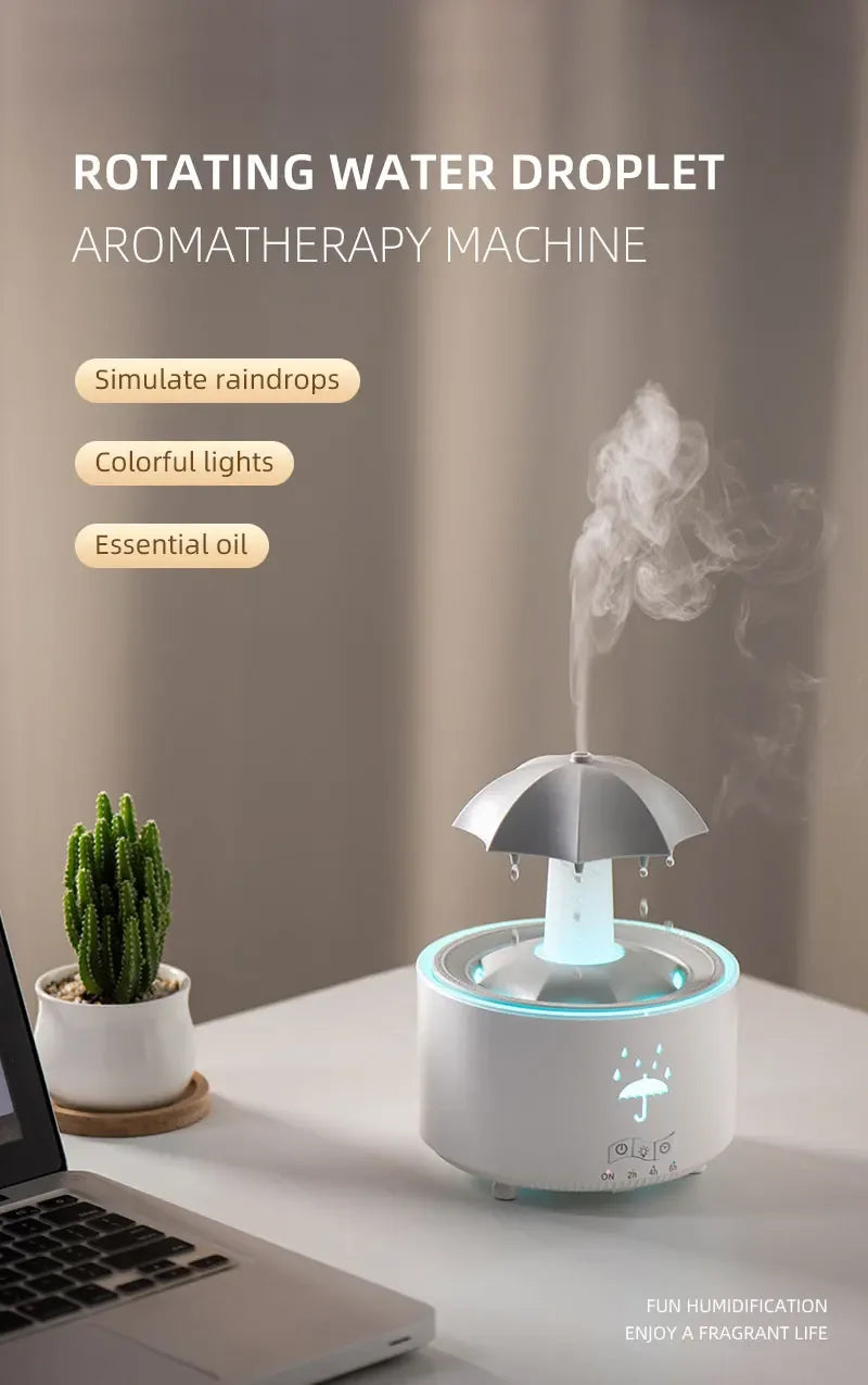 Humidificador de aire con forma de paraguas y gotas de agua, creativo, con luz de colores, difusor de aceites esenciales aromáticos y aromaterapia