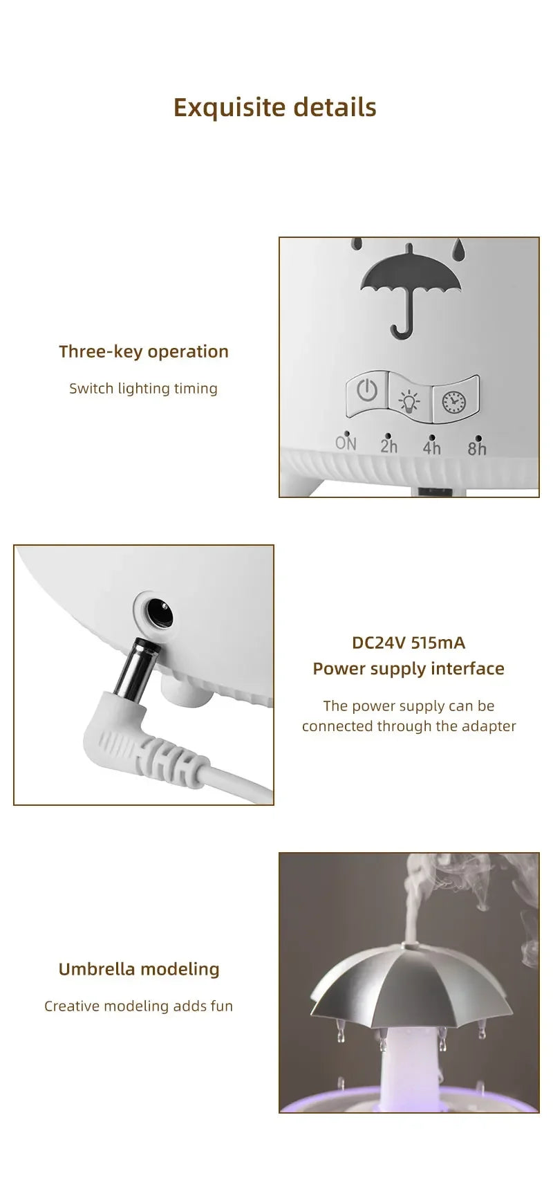 Humidificador de aire con forma de paraguas y gotas de agua, creativo, con luz de colores, difusor de aceites esenciales aromáticos y aromaterapia