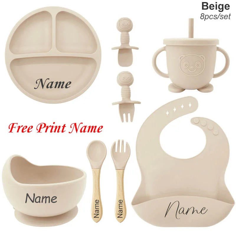 Juego de alimentación de bebé con nombre personalizado, plato de silicona para niños, tazón, taza de paja, vajilla personalizada para niños, suministros para bebés, regalo para recién nacidos