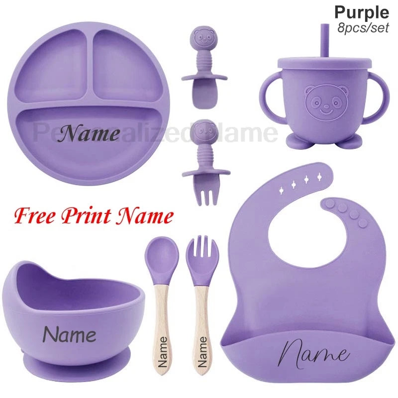 Juego de alimentación de bebé con nombre personalizado, plato de silicona para niños, tazón, taza de paja, vajilla personalizada para niños, suministros para bebés, regalo para recién nacidos