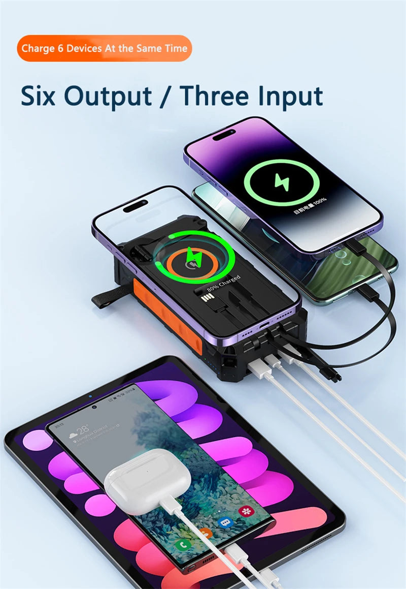 Banco de energía Solar con manivela de mano, 20000mAh, con 4 paneles solares, cargador inalámbrico, Powerbank para iPhone 15, Huawei, Xiaomi, Samsung