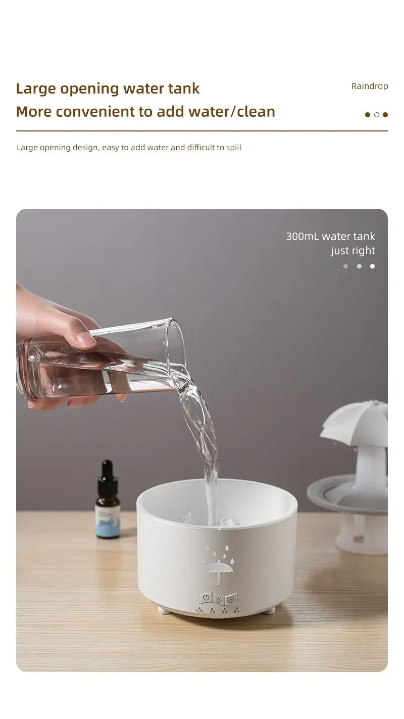 Humidificador de aire con forma de paraguas y gotas de agua, creativo, con luz de colores, difusor de aceites esenciales aromáticos y aromaterapia