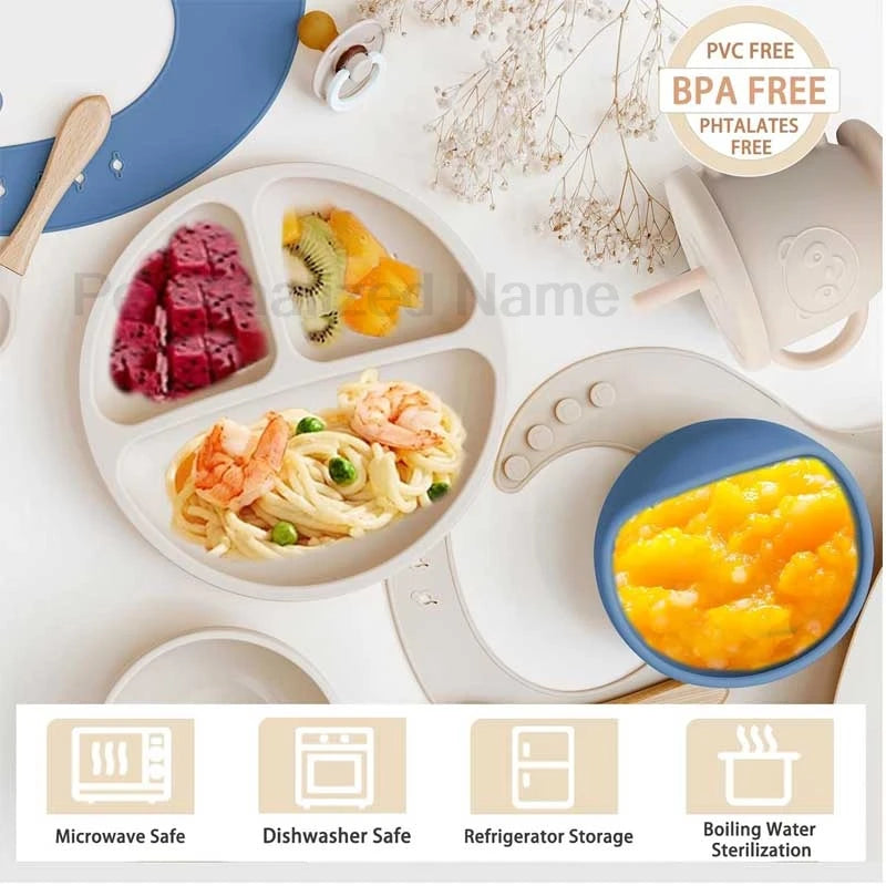 Juego de alimentación de bebé con nombre personalizado, plato de silicona para niños, tazón, taza de paja, vajilla personalizada para niños, suministros para bebés, regalo para recién nacidos
