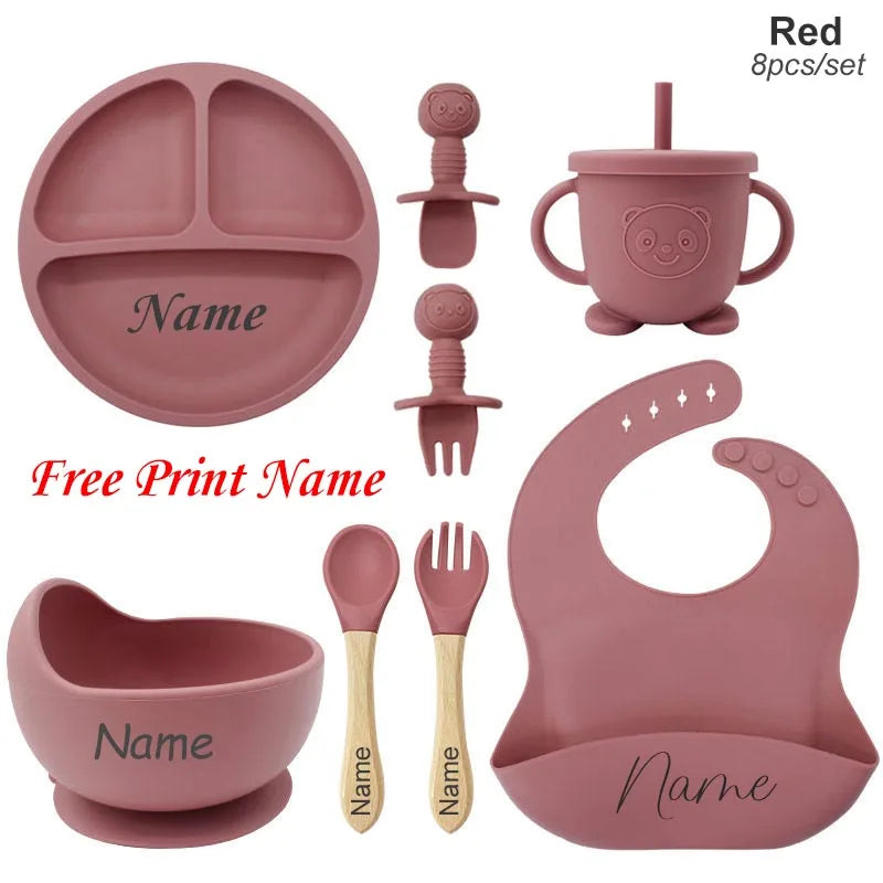 Juego de alimentación de bebé con nombre personalizado, plato de silicona para niños, tazón, taza de paja, vajilla personalizada para niños, suministros para bebés, regalo para recién nacidos