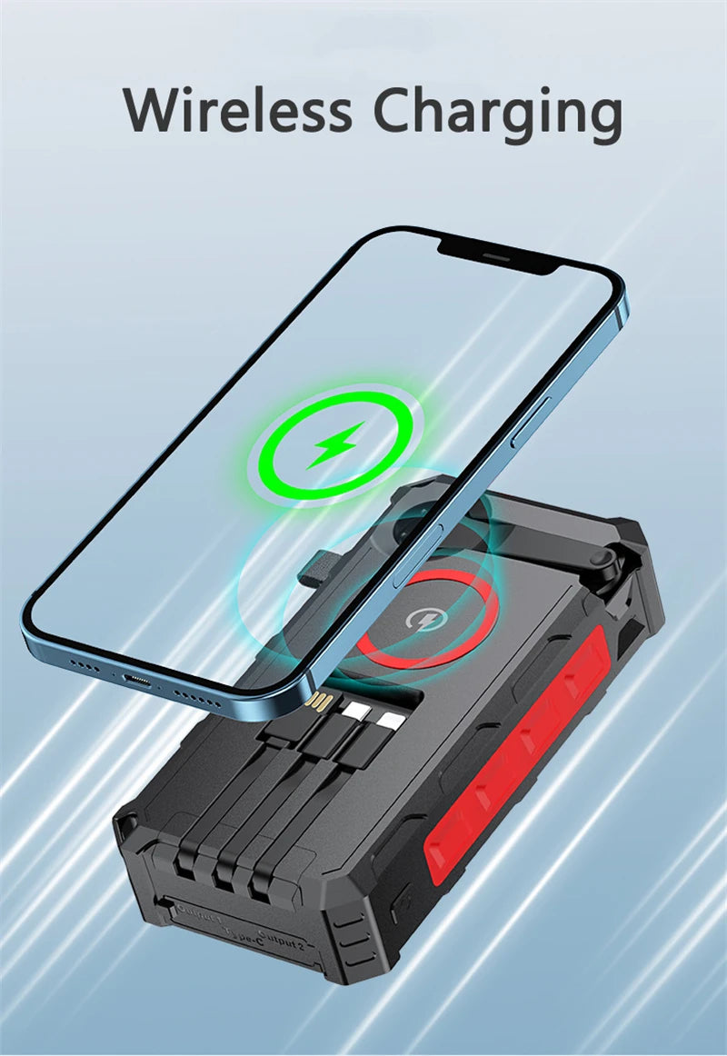 Banco de energía Solar con manivela de mano, 20000mAh, con 4 paneles solares, cargador inalámbrico, Powerbank para iPhone 15, Huawei, Xiaomi, Samsung