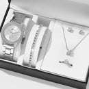 Women Quartz Watch Luxury with Diamonds Simple Stainless Steel Strap Clock Ring Necklace Earrings Rhinestone Set Reloj (no Box)
