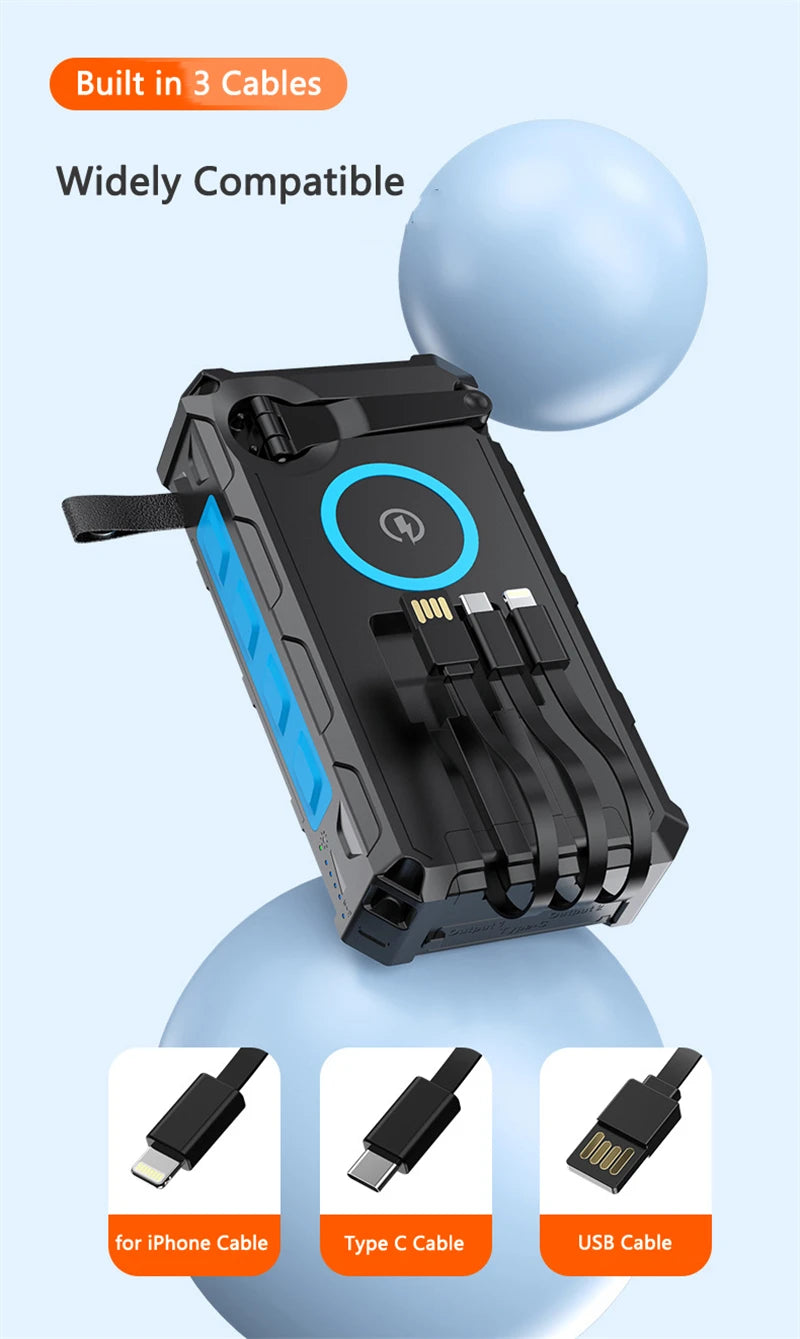 Banco de energía Solar con manivela de mano, 20000mAh, con 4 paneles solares, cargador inalámbrico, Powerbank para iPhone 15, Huawei, Xiaomi, Samsung