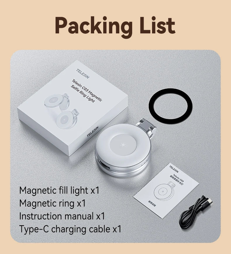 TELESIN Smartphone Luz de relleno magnética Mini Selfie Luz 3 modos Brillo ajustable para Iphone XIAOMI HUAWEI SAMSUNG Teléfono